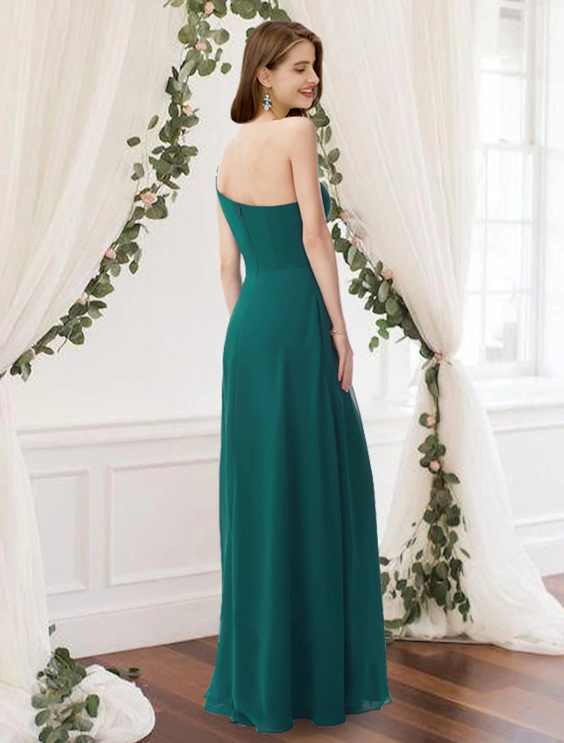 Abito da damigella d'onore a trapezio, monospalla, senza maniche, elegante, lungo fino al pavimento, in chiffon con pieghe